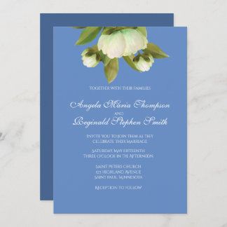 White Peonies with Provence Blue  Invitation
