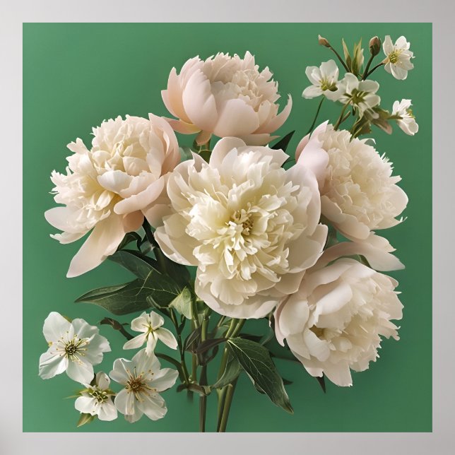 White Peonies With Spring Flowers On Green Poster (Front)