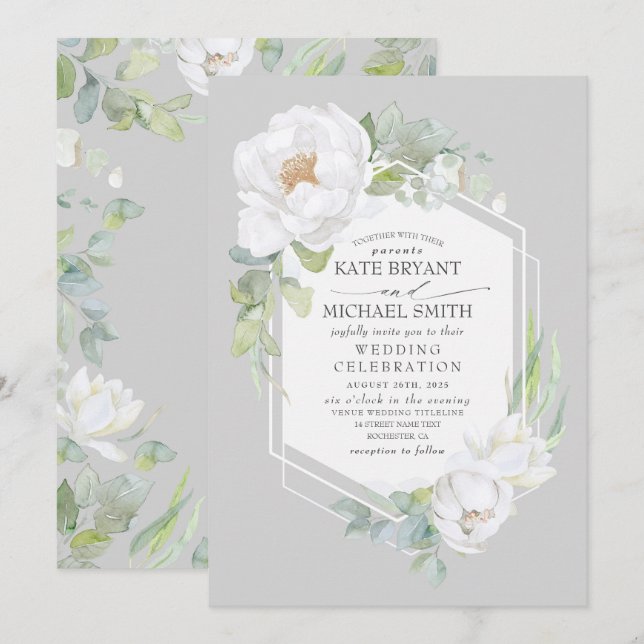 White Peony and Greenery Geometric Frame Wedding Invitation (Front/Back)