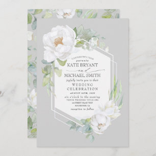 White Peony and Greenery Geometric Frame Wedding Invitation