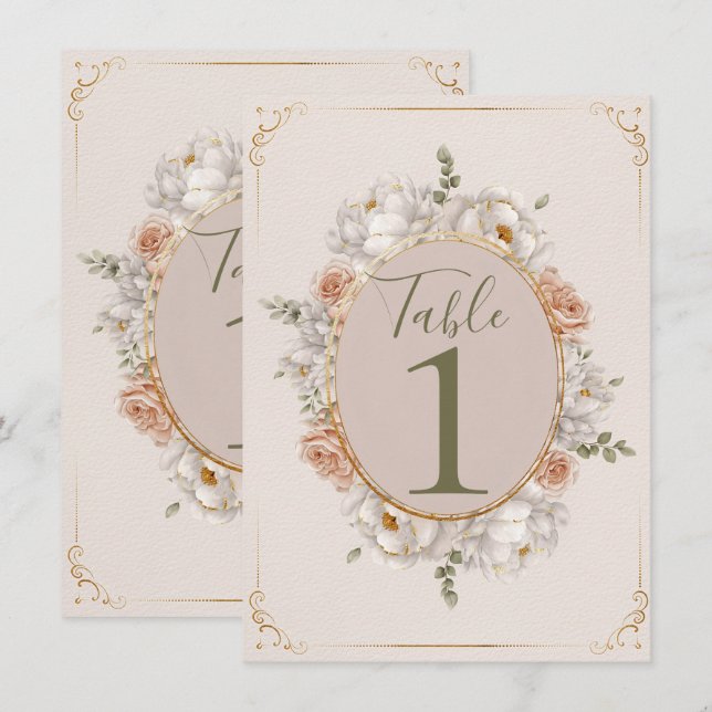 White Peony & Blush Rose Floral Table Numbers (Front/Back)