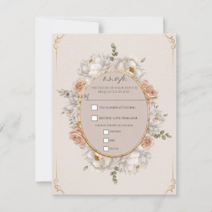 White Peony & Blush Rose Floral Wedding RSVP Invitation