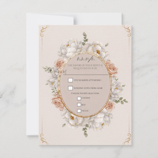 White Peony & Blush Rose Floral Wedding RSVP Invitation (Front)