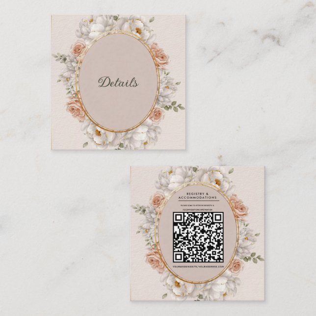 White Peony & Blush Rose Floral Wedding  Square Business Card (Front/Back)