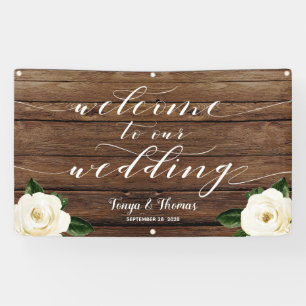 White Peony Calligraphy Wood Welcome Our Wedding Banner