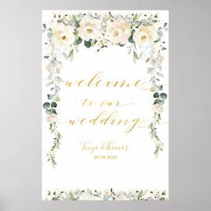 White Peony Epiphany Gold Calligraphy Welcome Poster