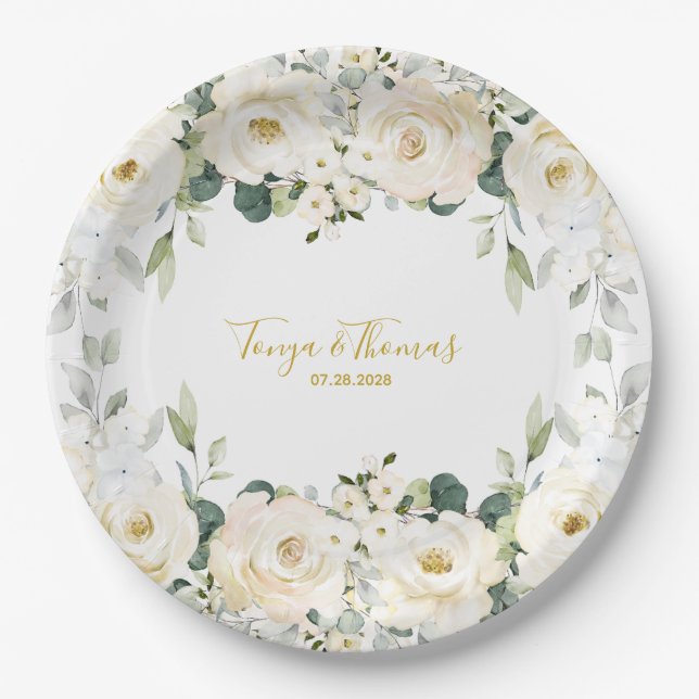 White Peony Epiphany Wedding 9 Inch Dinner Paper Plate (Front)