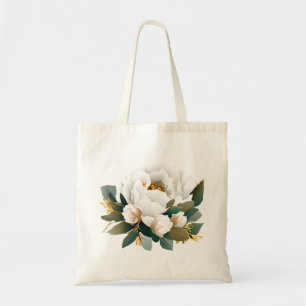 White Peony Eucalyptus Gold Flower Tote Bag
