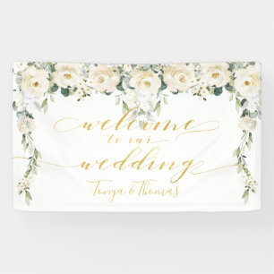 White Peony Fancy Gold Calligraphy Welcome Banner