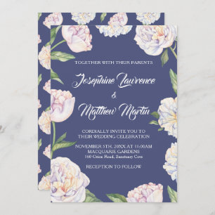 White Peony Floral Blue Wedding Invitations
