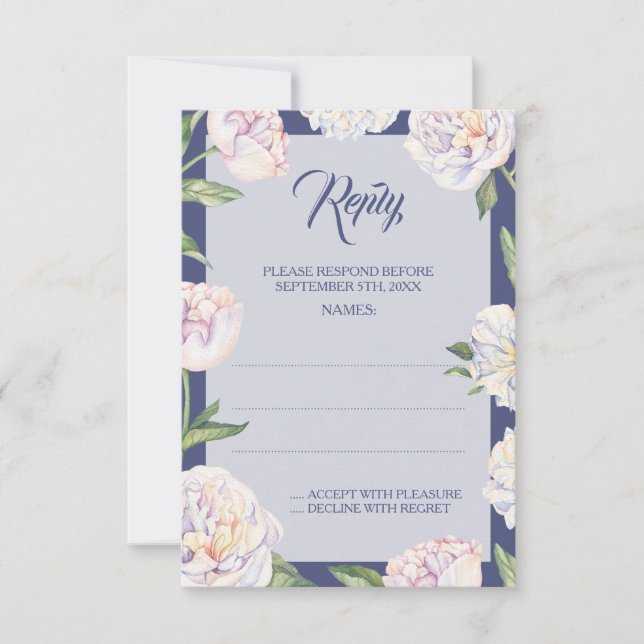 White Peony Floral Blue Wedding Reply Cards (Front)