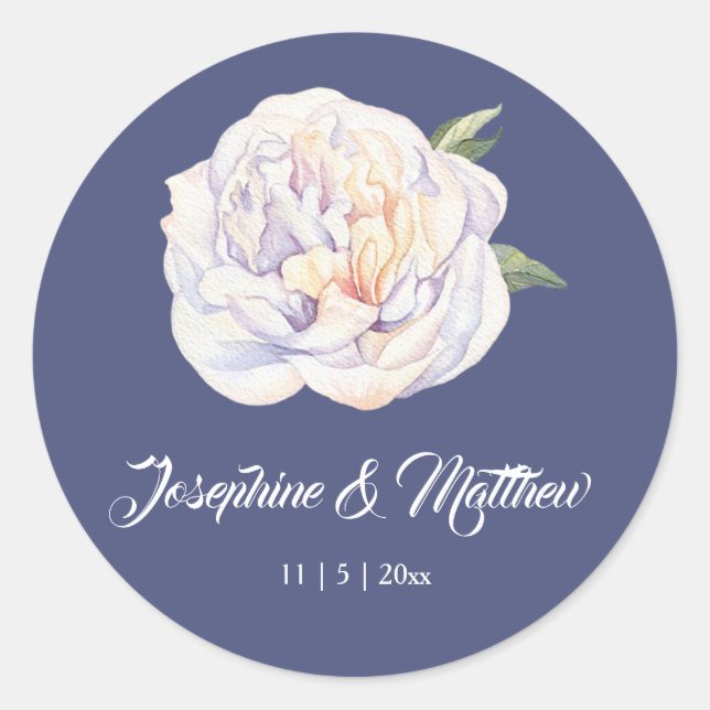 White Peony Floral Blue Wedding Stickers (Front)