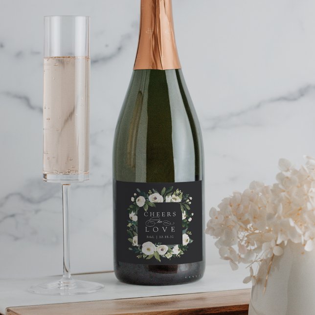 White Peony Floral Frame "Cheers to Love" Wedding Sparkling Wine Label (Creator Uploaded)