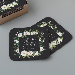 White Peony Floral Frame "Cheers to Love" Wedding Square Paper Coaster