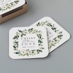 White Peony Floral Frame "Cheers to Love" Wedding Square Paper Coaster<br><div class="desc">Our White Peony watercolor floral wedding collection features delicately painted watercolor greenery,  green botanical foliage and white and ivory peony flowers. "Cheers to love" appears in classic lettering with calligraphy script accents. Personalise these cocktail napkins with your initials and wedding date,  or your choice of custom text.</div>