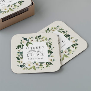 White Peony Floral Frame "Cheers to Love" Wedding Square Paper Coaster
