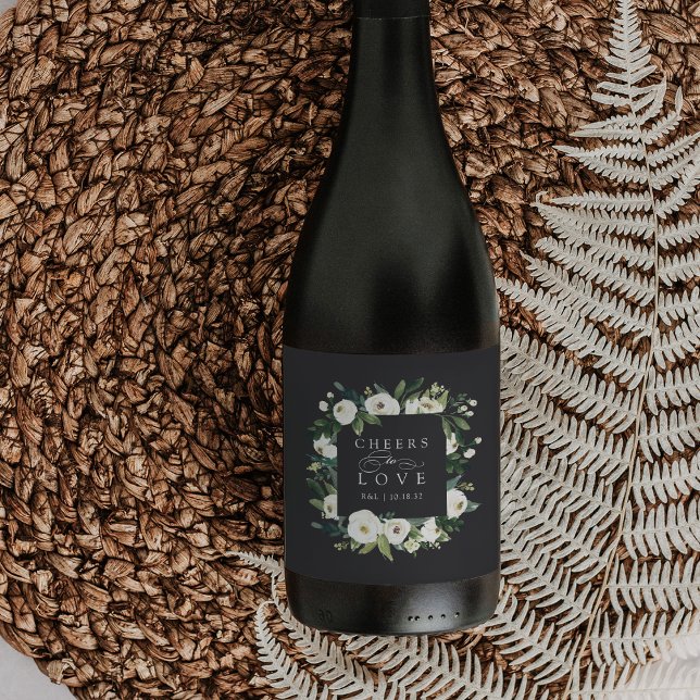 White Peony Floral Frame "Cheers to Love" Wedding Wine Label (Creator Uploaded)