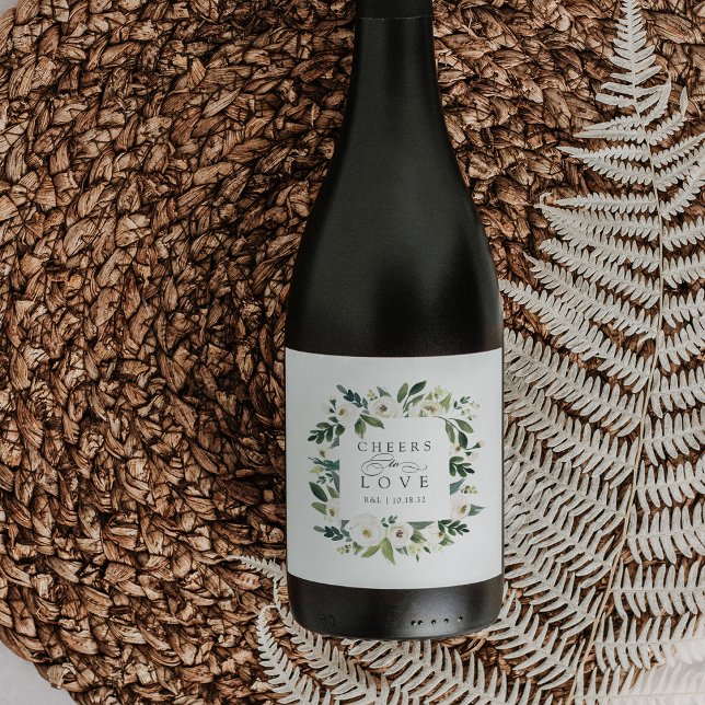 White Peony Floral Frame "Cheers to Love" Wedding Wine Label (Creator Uploaded)