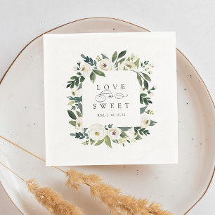 White Peony   Floral Frame "Love is Sweet" Wedding Napkin