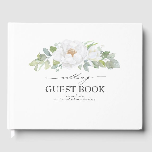 White Peony Floral Greenery Wedding Guest Book (Front)
