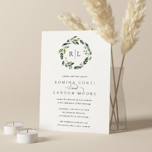 White Peony   Floral Monogram Wreath Wedding Invitation