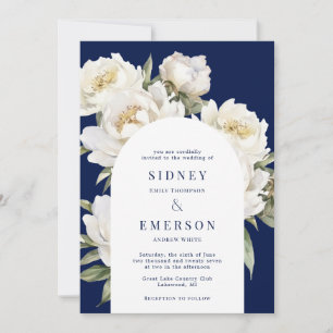 White Peony Floral Navy Wedding Arch Invitation