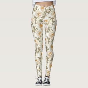 White Peony Floral Pattern Leggings