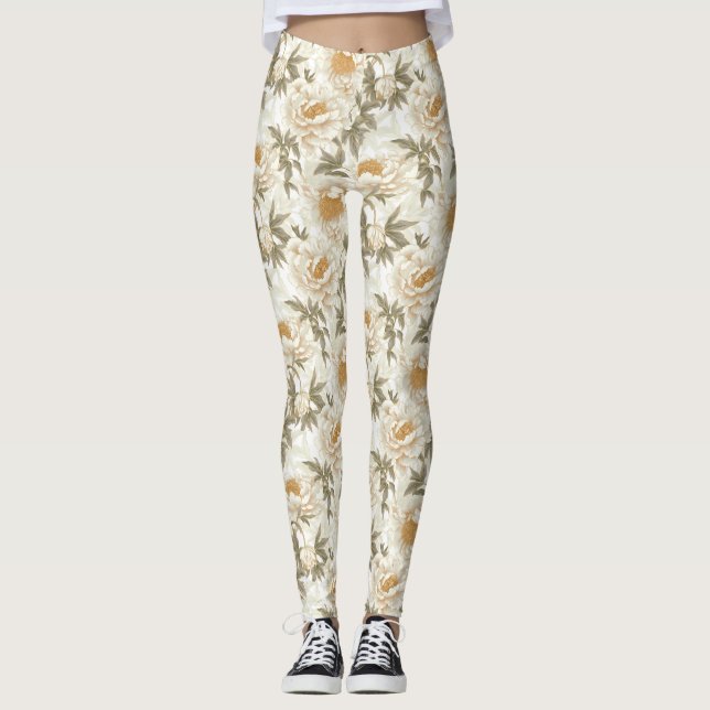 White Peony Floral Pattern Leggings (Front)