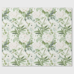 White Peony Floral, Sage and Moss Green Wrapping Paper