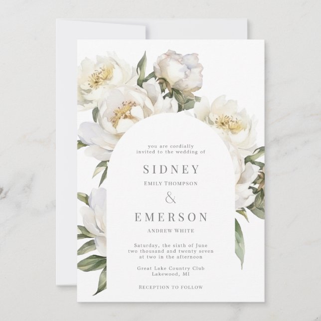 White Peony Floral Wedding Arch Invitation (Front)