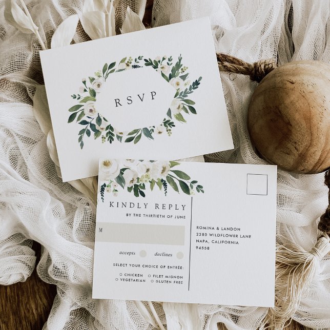 White Peony Floral Wedding Meal Choice RSVP Postcard (Creator Uploaded)