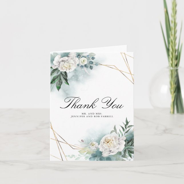 White Peony Floral Wedding Thank You Card (Front)