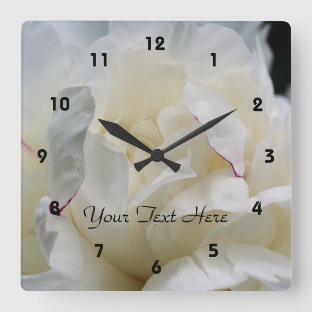 White Peony Flower Petals Nature Personalized Square Wall Clock (Front)