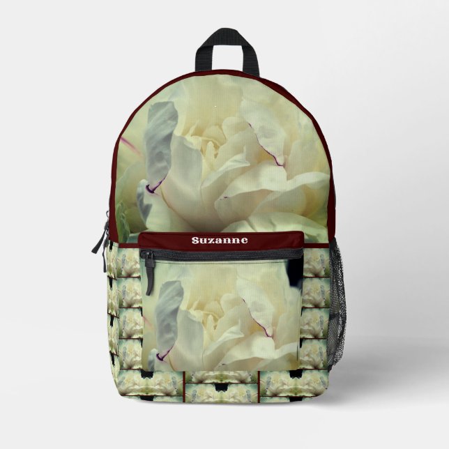 White Peony Flower Petals Personalised Printed Backpack (Front)