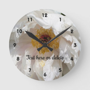 White Peony Flower Petals With Pollen Personalised Round Clock
