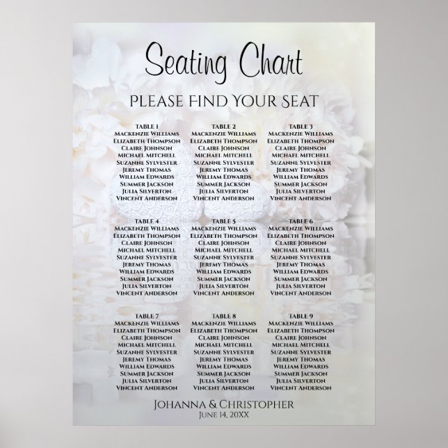 White Peony Flowers 9 Table Wedding Seating Chart (Front)