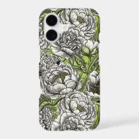 White peony flowers and moths