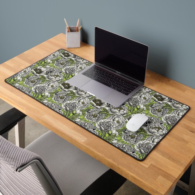White peony flowers and moths desk mat (Office 2)