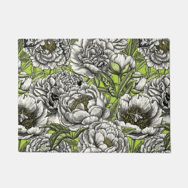 White peony flowers and moths doormat (Front)