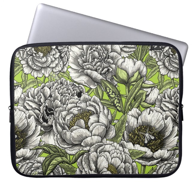 White peony flowers and moths laptop sleeve (Front)