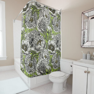 White peony flowers and moths shower curtain