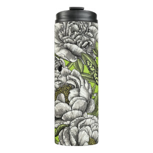 White peony flowers and moths thermal tumbler