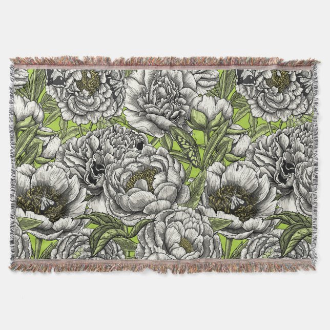White peony flowers and moths throw blanket (Front)
