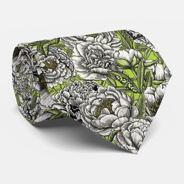 White peony flowers and moths tie (Rolled)