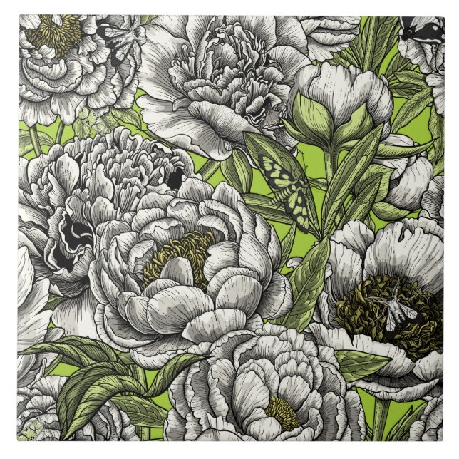 White peony flowers and moths tile (Front)