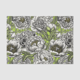 White peony flowers and moths tissue paper