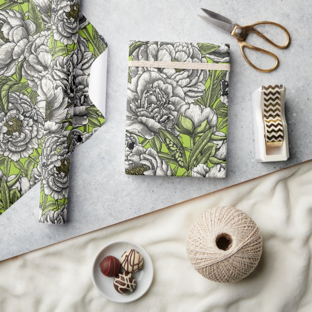 White peony flowers and moths wrapping paper (Crafts)