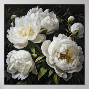 White Peony Flowers Art Print Poster