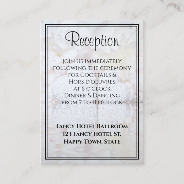 White Peony Flowers & Hearts Wedding Reception Enclosure Card (Front)