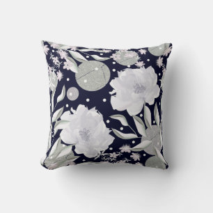 White peony flowers on dark blue. cushion